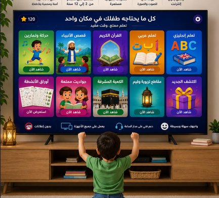 واجهة محتوى مكتبة الطفل المسلم على شاشة التلفزيون وطفل يتفاعل معها